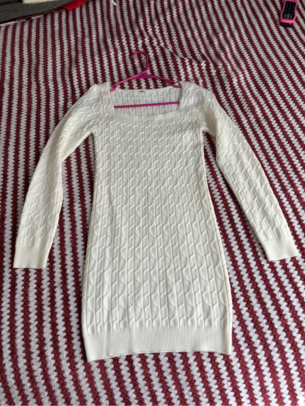 Long Sleeve Cream Cable-Knit Square Neck Dress